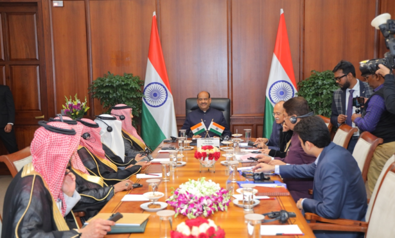 The Speaker of the Indian Parliament receives a delegation from the Saudi Shura Council to enhance cooperation