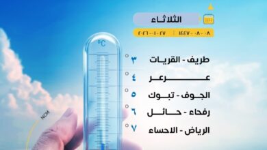 Lowest temperatures in Saudi Arabia today: Tarif and Al Qurayyat, 3 degrees Celsius