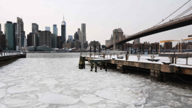 شاهد تجمد نهر إيست ريفر.. عاصفة قطبية تضرب نيويورك