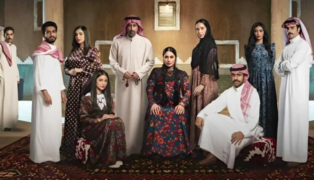 The cast of the TV series "Al-A'sha Street 2" in a behind-the-scenes photo