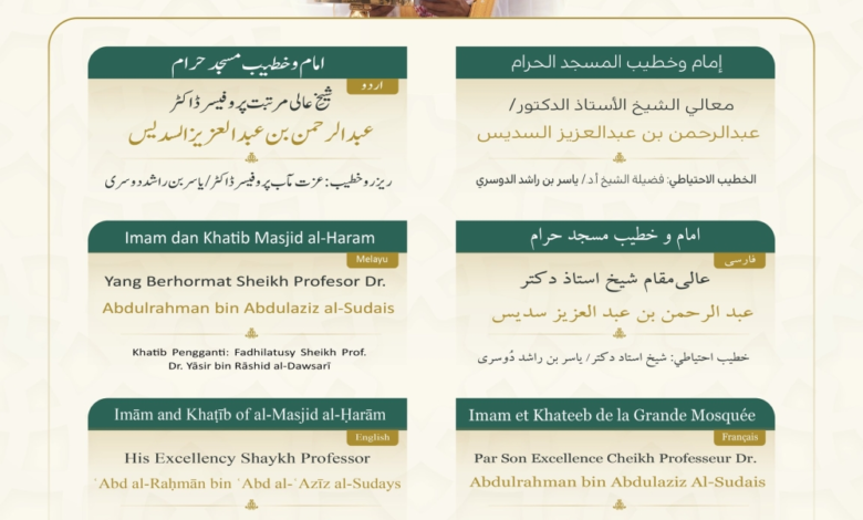 خطباء الحرمين: السديس بمكة والبعيجان بالمدينة لجمعة رمضان